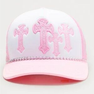 Pink and White Trucker Hat with Cross Design
